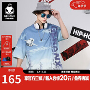 閃電潮牌（GENANX）太空棉五分袖上衣寬松夏數碼印花藍天白云短袖t恤 灰藍色 S