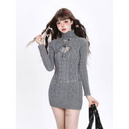 高領(lǐng)鏤空毛衣針織連衣裙女秋冬季2025新款修身收腰打底半身短裙子 灰色 S S