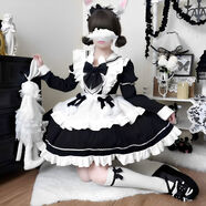 女仆裝Cosplay裙甜美可愛(ài)洛麗塔Lolita軟妹收腰連衣裙袖圍裙優(yōu)雅 黑色短袖+圍裙+袖子1對 S S