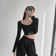 歐美風(fēng)格性感緊身修身短款高腰露臍長(cháng)袖t恤性感夏裝女式底褲襯衫 黑色 長(cháng)袖 S