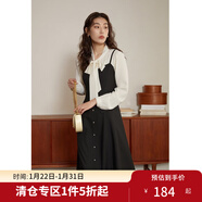獨束[長(cháng)短款]大碼女裝復古假兩件拼接連衣裙春季微胖mm高腰顯瘦A字裙 黑色-短款 M