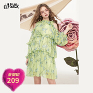 妖精的口袋掛脖露肩碎花雪紡連衣裙女2025夏新款氣質(zhì)度假蛋糕裙子 溫柔草綠色 M