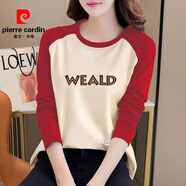 皮爾卡丹（pierre cardin）純·棉女士T恤女正紅插肩撞色長(cháng)袖上衣春秋薄款寬松韓版新款打底 T17#正紅【蒓棉】8WEALD棕 2XL 建議135-150斤