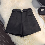 毛呢西裝口袋短褲女2024秋冬高腰A字闊腿褲顯瘦寬松打底呢子靴褲 灰色配腰帶 XL XL