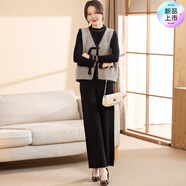 山頭林村媽媽秋裝針織小香風(fēng)馬甲打底衫三件套中老年女秋冬寬松休閑闊腿褲 黑色 XL XXXL （建議145-160斤）