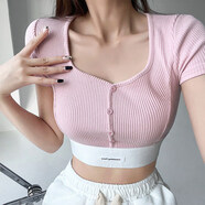 歐美風(fēng)格性感緊身修身短款高腰露臍長(cháng)袖t恤性感夏裝女式底褲襯衫 粉紅色 短袖 S