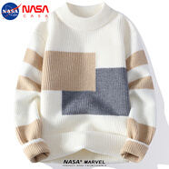 NASA CASA撞色拼接毛衣男冬季新款韓版潮流休閑百搭寬松針織衫 米白色 XL （約120-135斤可穿）