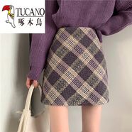 啄木鳥(niǎo)（TUCANO）半身裙毛呢包臀裙秋冬女百搭顯瘦甜美鹽系格子A字短裙高腰半身裙 紫色 自帶安全褲 M