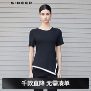 S.DEER圣迪奧夏季時(shí)尚女裝法式優(yōu)雅圓領(lǐng)撞色拼接開(kāi)叉T恤S24260112 黑色/91 S 160