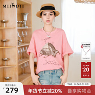 謎底印花T恤短袖女2025夏新款圓領(lǐng)粉色原創(chuàng  )繡花寬松上衣256MT6023 淺桃粉 L