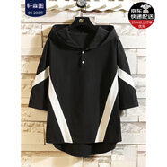 軒森圖（XUANSENTU）微胖男生夏季顯瘦穿搭短袖T恤男韓版寬松拼接V字半袖體恤套裝搭 連帽黑色T恤 XL (175) （140-160斤）