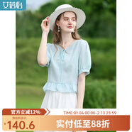 艾蓓怡藍色法式荷葉邊系帶V領(lǐng)短袖襯衫上衣女2024夏季新款小衫 淺湖藍 M