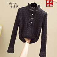 古梵莎立領(lǐng)蕾絲衫女秋冬季網(wǎng)紗繡花長(cháng)袖加厚加絨打底衫洋氣女士蕾絲襯衫 黑色（加絨） L