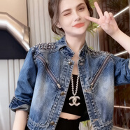 妹丫歐洲站鑲鉆立領(lǐng)時(shí)尚優(yōu)雅獨特氣質(zhì)短款牛仔上衣外套女百搭 古藍 S