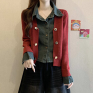 ADTNM復古牛仔拼接針織開(kāi)衫外套女2026秋季大碼胖mm顯瘦假兩件短款上衣 紅色【寬松/炸街輕奢/新款網(wǎng)紅/美式復古】 M 【90-100斤】