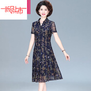 啄木鳥(niǎo)（TUCANO）棉雪紡連衣裙女中年老年媽m媽裝夏裝網(wǎng)紗印花短袖氣質(zhì)大尺碼顯瘦 藏青色 短/袖 2XL 建議125-135斤