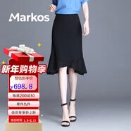 Markos魚(yú)尾短裙女士半身裙夏碎花包裙高腰顯瘦一步裙大碼小個(gè)子印花半裙 黑色 3XL 腰圍2尺4