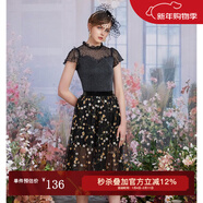 flowerscoming2024春季新款花兒開(kāi)了網(wǎng)紗拼接蕾絲重工刺繡半身裙彩色亮片仙女裙 黑底繡花 S