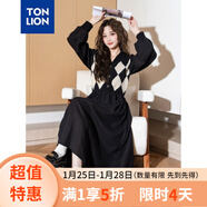 唐獅（TonLion）2024黑色v領(lǐng)拼接格紋連衣裙女復古針織格子裙氣質(zhì)長(cháng)裙 黑色 M 