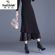 啄木鳥(niǎo)（TUCANO）魚(yú)尾裙毛呢半身裙女秋冬2025新款高腰顯瘦中長(cháng)款網(wǎng)紗拼接包臀長(cháng)裙 黑色 毛呢冬款 L 腰圍2尺1/適合101-110斤