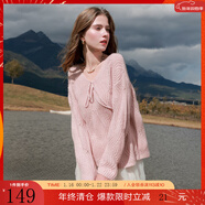 三彩【宋軼同款】2025秋款系帶V領(lǐng)針織衫落肩袖慵懶寬松毛衣外套M 肉桂粉 M 160/84A