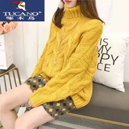 啄木鳥(niǎo)（TUCANO）復古粗毛線(xiàn)高領(lǐng)毛衣女短款秋冬寬松上衣蝙蝠袖外套加厚套頭針織衫 黃色- 衣長(cháng)60左右 加厚 S 85-95