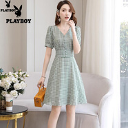 花花公子（PLAYBOY）短袖格子連衣裙女夏流行新款修身V領(lǐng)收腰顯瘦氣質(zhì)小個(gè)子顯高短裙 綠色 L 建議100--110斤】