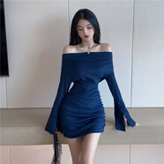 微愛(ài)的小松鼠（weiaidexiaosongshu）春季韓版一字領(lǐng)性感露肩開(kāi)叉喇叭袖緊身顯瘦百搭皺褶連衣裙女 藏青色 S