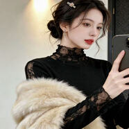 爆款磨毛拼接網(wǎng)紗蕾絲打底衫女內搭長(cháng)袖洋氣純欲風(fēng)修身上衣女小衫 黑色 3XL 【建議125-135斤】