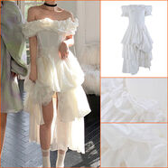 一字肩領(lǐng)法式感抹胸連衣裙甜酷海邊度假前短后長(cháng)不規則仙女裙 白色 S S已出大貨排單發(fā)