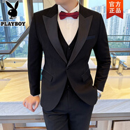 花花公子（PLAYBOY）新郎西裝男套裝結婚高級感塔士多禮服韓版商務(wù)休閑雙排扣西服外套 TZ914黑色（西裝外套） M 建議體重100-115斤