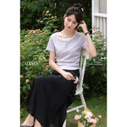 鹿向南杏色法式半身裙女秋冬緞面半裙氣質(zhì)拼接蕾絲裙子 紫色 T恤 S