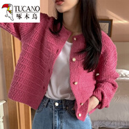 啄木鳥(niǎo)（TUCANO）2025年新款春秋復古小香風(fēng)圓領(lǐng)紋理設計寬松長(cháng)袖短款針織毛衣開(kāi)衫 粉色 S
