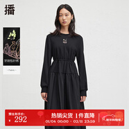 播黑色刺繡連衣裙女收腰顯瘦圓領(lǐng)長(cháng)裙DDR4LD5102 K40玄黑 L