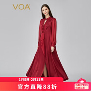 VOA40姆米雙面鍛桑蠶絲半開(kāi)領(lǐng)鏤空塔克褶喬其活頁(yè)真絲連衣裙 AE1170 浮紅流丹(H7) M