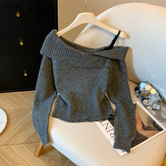 韓版秋冬新款韓國凈色針織翻領(lǐng)吊帶蕾絲拼接露肩毛衣女 深灰色 均碼