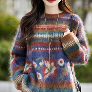 中國風(fēng)青花瓷提花V領(lǐng)拉絨羊絨衫女長(cháng)袖軟糯毛衣大碼羊毛針織上衣 咖啡色 YZRJT-5107 均碼