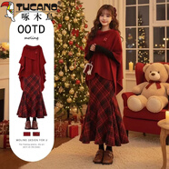 啄木鳥(niǎo)（TUCANO）新年戰袍小香風(fēng)斗篷毛衣裙子巨好看的2026冬裝新年戰袍紅色連衣裙 紅斗篷毛衣+紅格半身裙 XL