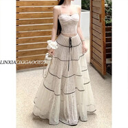 175加長(cháng)高個(gè)子米色系繩公主風(fēng)拼接半身裙女夏季寬松透氣網(wǎng)紗長(cháng)裙 米色超長(cháng)款 S (175)