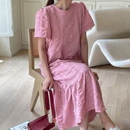 韓國chic法式甜美圓領(lǐng)立體褶皺泡泡棉寬松短袖荷葉邊魚(yú)尾連衣裙女 粉色 均碼 均碼