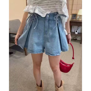 韓國秋冬小眾復古高腰百搭系帶壓褶辣妹闊腿褲裙褲牛仔短褲女 藍色020（專(zhuān)柜同款） S （-100斤）