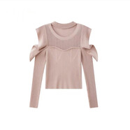 WZFS24004早春日系新品甜美純色性感荷葉袖露肩修身針織毛衣上衣 粉色