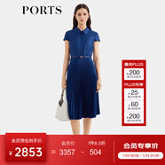 PORTS寶姿女裝春夏新款通勤襯衫領(lǐng)拼接百褶收腰短袖中長(cháng)連衣裙 丈青-1 M (6)