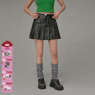 CHUU撞色仿PU皮百褶半身裙女2025秋季新款高腰小個(gè)子a字短裙子 黑色 S