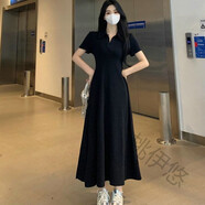 桃伊悠（taoyiyou）法式高級短袖連衣裙女夏季收腰顯瘦黑色長裙設(shè)計感正肩POLO領(lǐng)裙子 黑色 XL