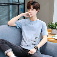 以純（YISHion）男士短袖T恤純棉夏季新款韓版潮流五分袖t恤潮牌港風(fēng)ins體恤男裝 A21 以純--藍色 M