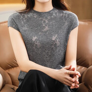 艾佳品t恤包袖蕾絲短袖冰絲針織衫女半高領(lǐng)勾花鏤空短款洋氣內(nèi)搭上衣女 DX0281蕾絲灰 M 建議105-115斤