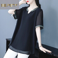 夏典素訂女王（SE.PSTP）領(lǐng)短袖襯衫女2025夏新款大碼女裝民族風(fēng)雪紡衫遮肚顯瘦上衣女 黑色 高品質(zhì) L 100-120斤