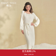 糖力商場(chǎng)同款冬季新款長(cháng)袖鏤空串珠兔絨混紡針織連衣裙長(cháng)裙女 白色 M