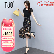 TJQ奢侈高檔品牌連衣裙女2025夏季新款小個(gè)子氣質(zhì)洋氣修身碎花裙子 黑色 M 【推薦105斤以下】